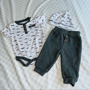 3-6 months set with tiny mustaches, matching hat.